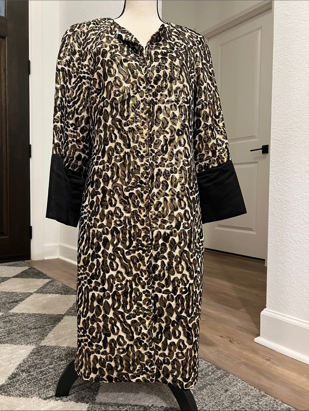 Tory Burch Metallic Jacquard Leopard Print Button-Front Jacket with Black Cuffs